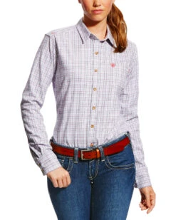 Ariat Women's FR Marion Plaid Print Long Sleeve Button Down Work Shirt -Cowgirl Drape Sales 2000222974 500 P1