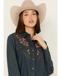 Scully Women's Rose Embroidered Denim Long Sleeve Pearl Snap Western Shirt -Cowgirl Drape Sales 2000243849 400 P2
