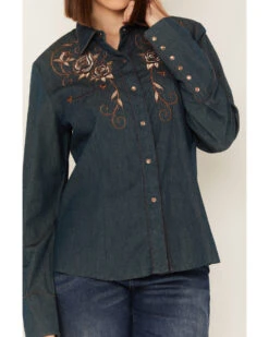 Scully Women's Rose Embroidered Denim Long Sleeve Pearl Snap Western Shirt -Cowgirl Drape Sales 2000243849 400 P3