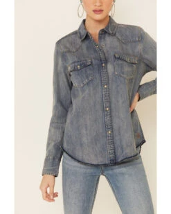 STS Ranchwear Women's Claira Denim Long Sleeve Pearl Snap Western Shirt -Cowgirl Drape Sales 2000285685 400 P3