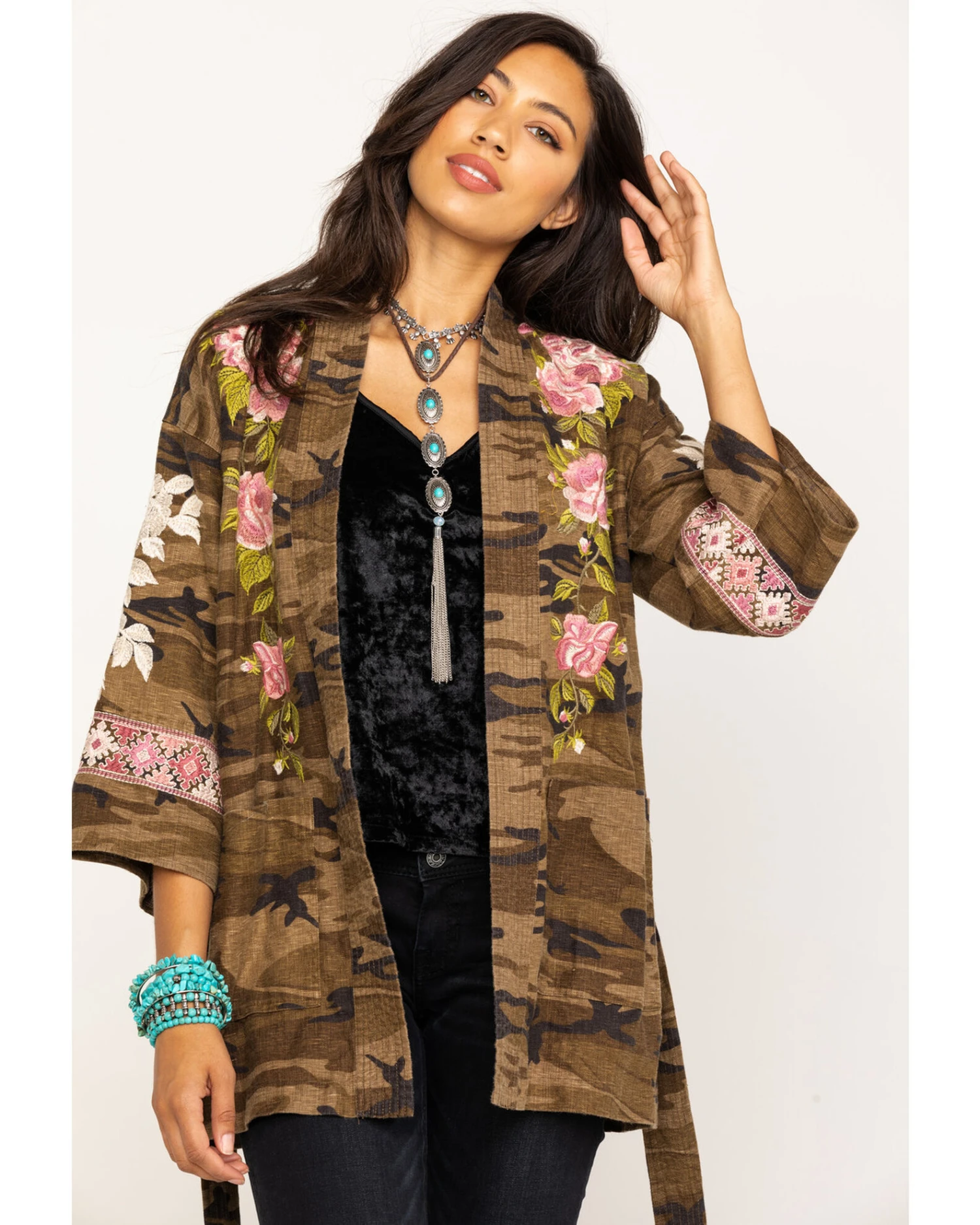 Johnny Was Women's Molly Camo Yuki Trapunto Linen Kimono 1 Johnny Was Women's Molly Camo Yuki Trapunto Linen Kimono