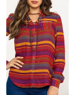 Rock & Roll Denim Women's Rust Serape Stripe Southwestern Embroidered Long Sleeve Western Shirt