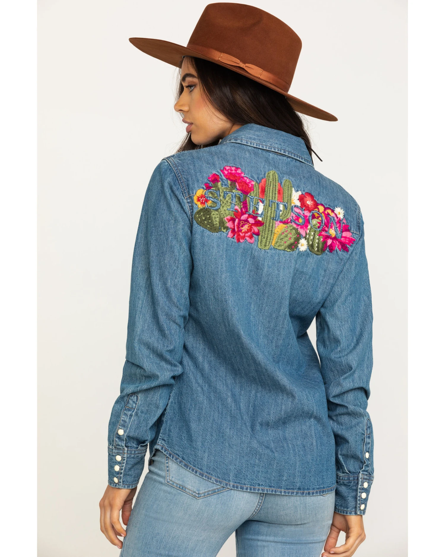 Stetson Women's Denim Desert Embroidered Long Sleeve Snap Western Shirt 3 Stetson Women's Denim Desert Embroidered Long Sleeve Snap Western Shirt - Image 3