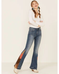 Driftwood Women’s Medium Wash Suede Patchwork Flare Jeans -Cowgirl Drape Sales 2000328193 400 P1