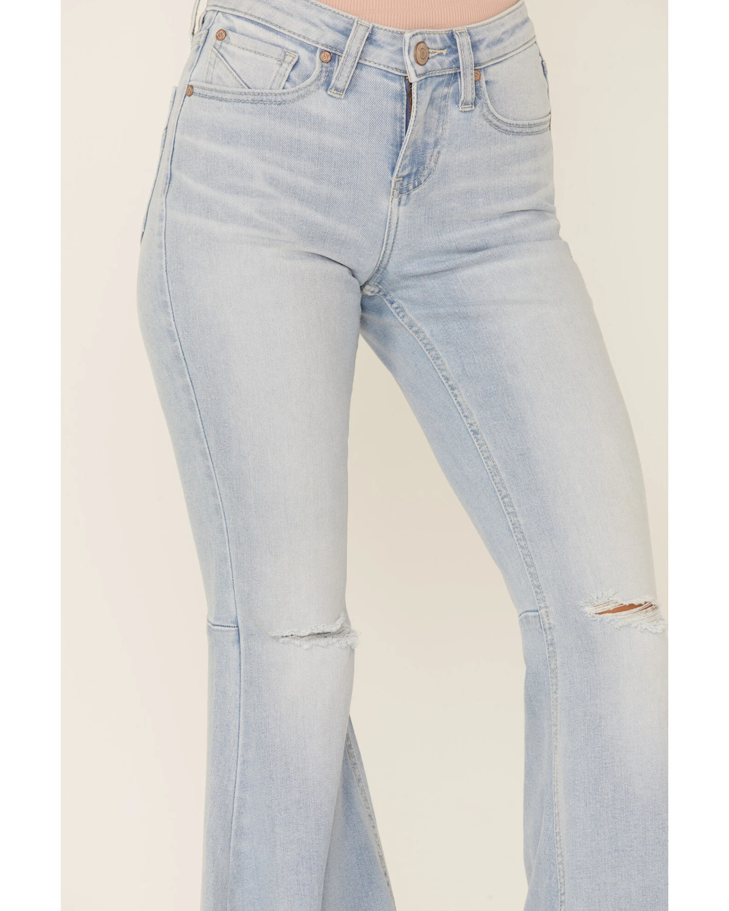 Shyanne Women's Destructed Knee Super Flare Leg Jeans 1 Shyanne Women's Destructed Knee Super Flare Leg Jeans