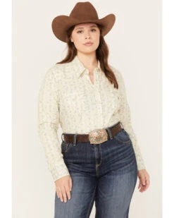 Roper Women's Floral Print Long Sleeve Pearl Snap Western Shirt - Plus -Cowgirl Drape Sales 2000358906 110 P1