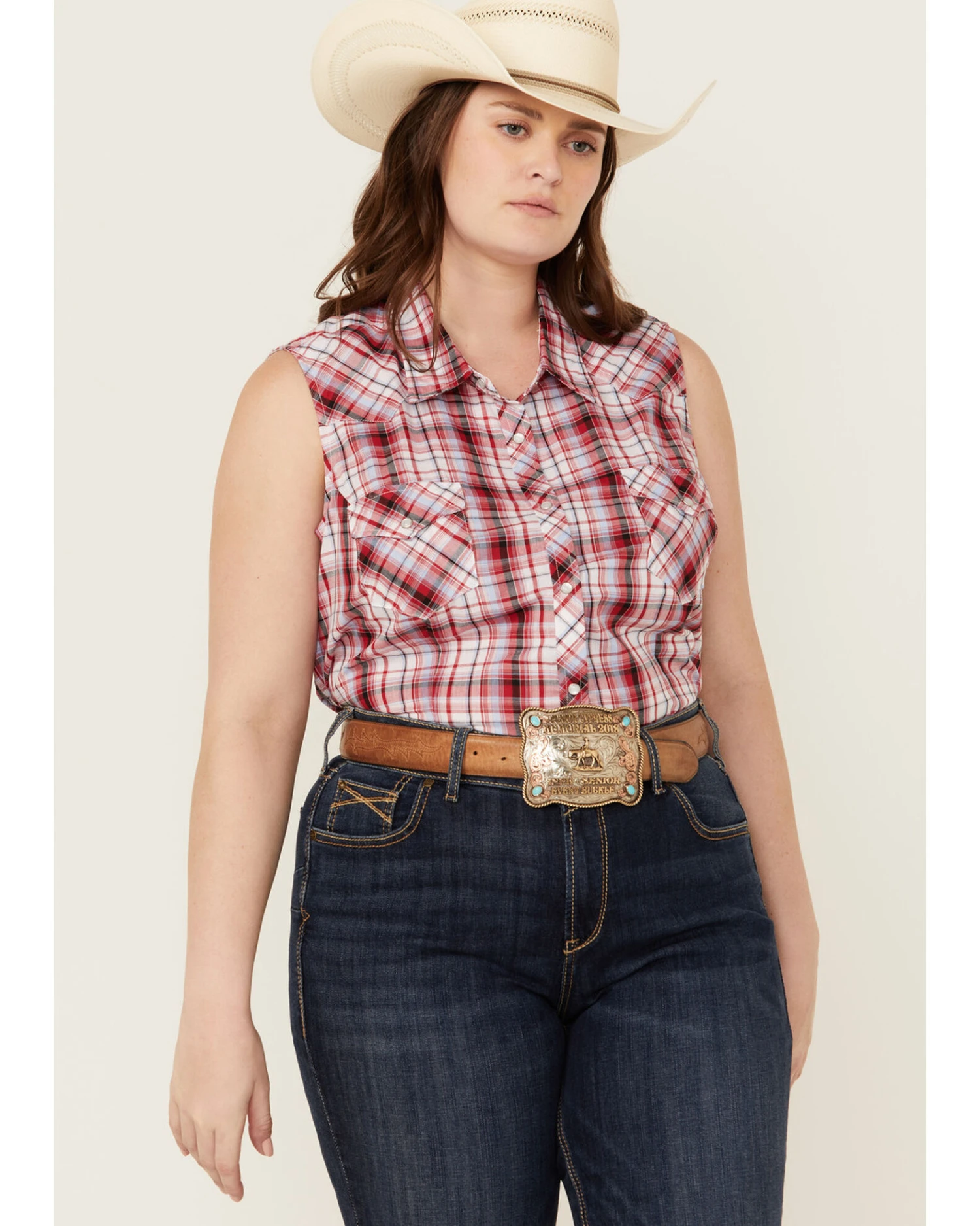 Roper Women's Classic Plaid Print Sleeveless Western Snap Shirt - Plus 1 Roper Women's Classic Plaid Print Sleeveless Western Snap Shirt - Plus