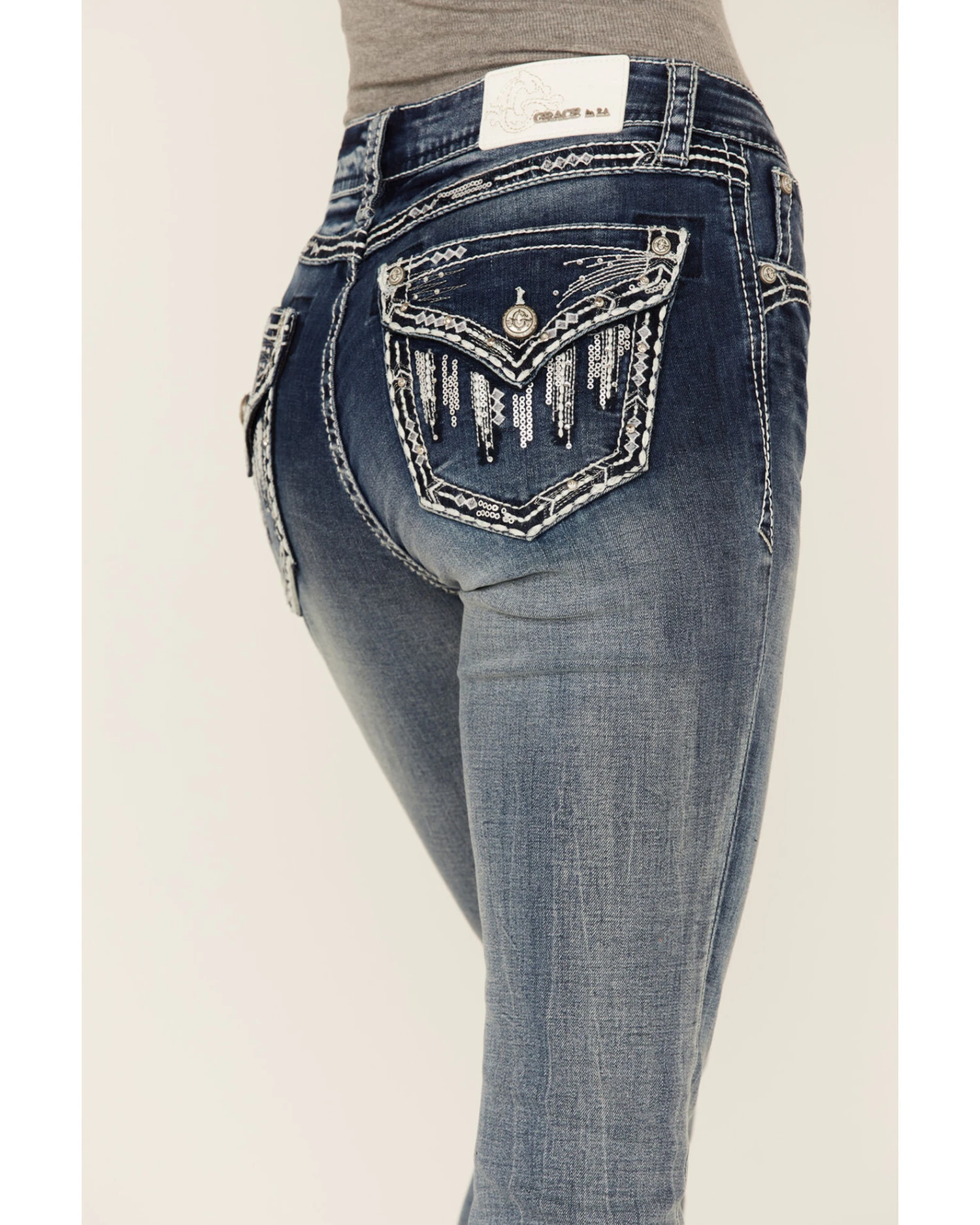 Grace In LA Women's Sequin Flap Pocket Light Wash Bootcut Jeans 2 Grace In LA Women's Sequin Flap Pocket Light Wash Bootcut Jeans - Image 2