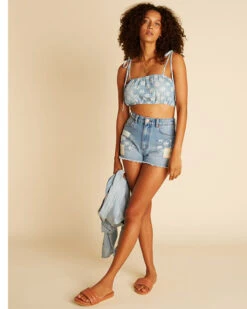 Billabong X Wrangler Women's High Rise Medium Wash Floral Showdown Patchwork Cut-Off Denim Shorts -Cowgirl Drape Sales 2000368004 400 P2