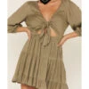 Lush Women's Tie Front Cutout Tiered Long Sleeve Dress