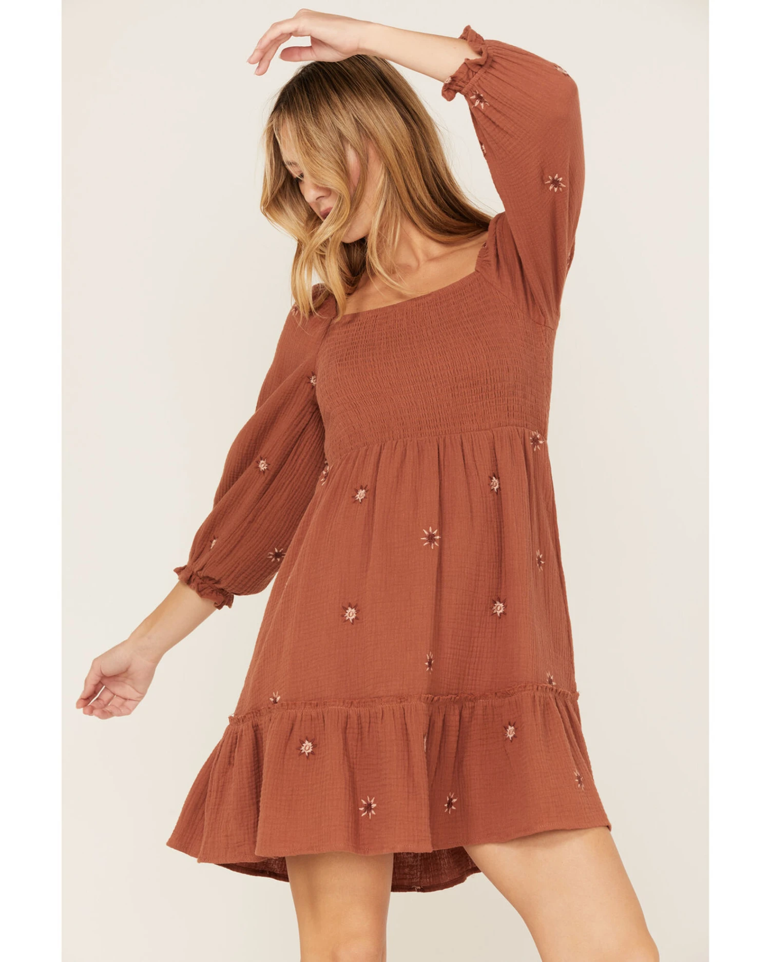 Jolt Women's Embroidered Floral Long Sleeve Smocked Dress 1 Jolt Women's Embroidered Floral Long Sleeve Smocked Dress