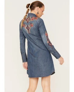 Stetson Women's Floral Embroidered Medium Wash Denim Long Sleeve Dress -Cowgirl Drape Sales 2000378249 400 P4
