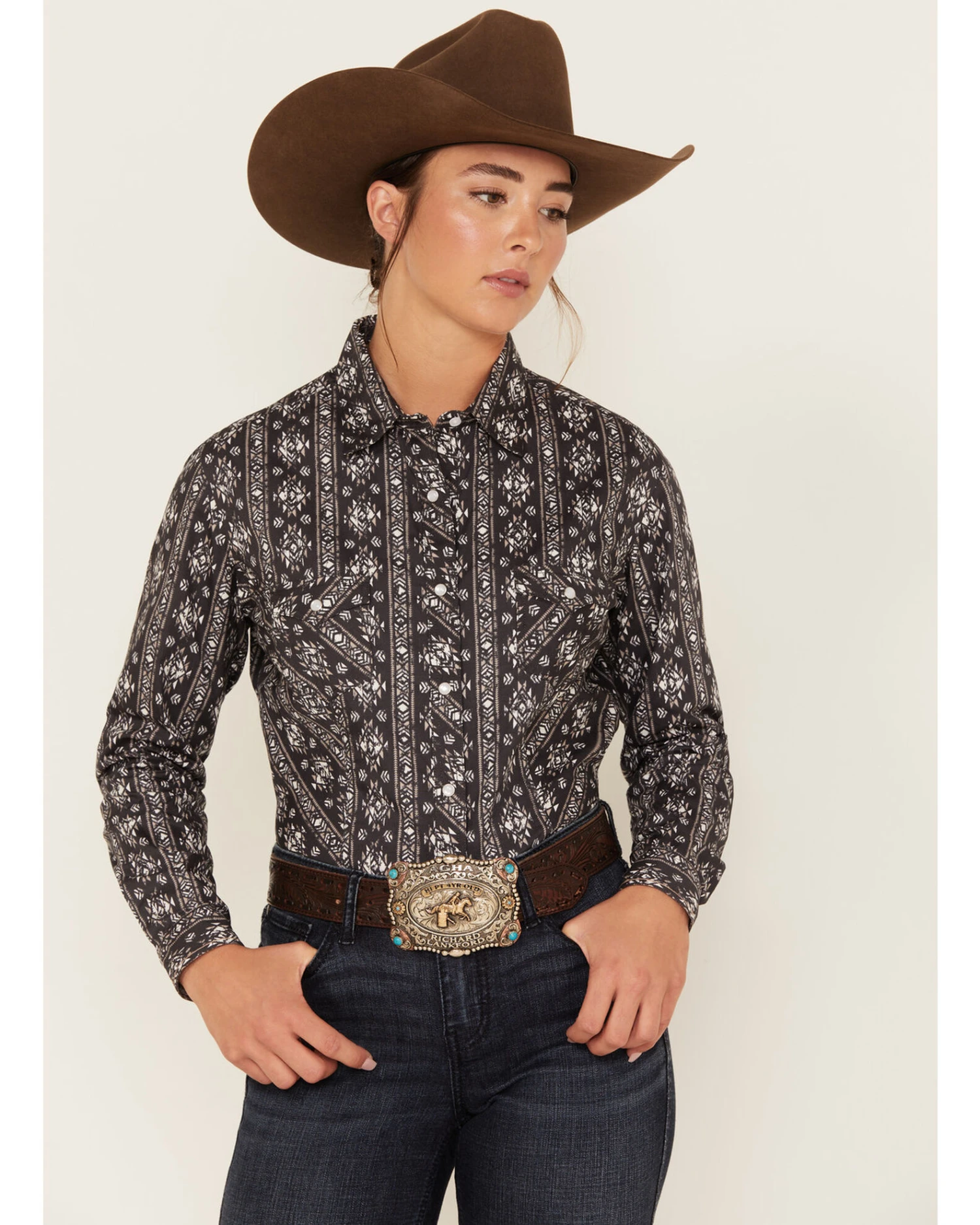 Rough Stock By Panhandle Women's Southwestern Print Long Sleeve Pearl Snap Western Shirt 2 Rough Stock By Panhandle Women's Southwestern Print Long Sleeve Pearl Snap Western Shirt - Image 2