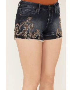 Shyanne Women's Dark Medium Wash Mid Rise Embroidered Stretch Denim Shorts 7 Shyanne Women's Dark Medium Wash Mid Rise Embroidered Stretch Denim Shorts -Cowgirl Drape Sales 2000382924 415 P2