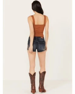 Shyanne Women's Dark Medium Wash Mid Rise Embroidered Stretch Denim Shorts 6 Shyanne Women's Dark Medium Wash Mid Rise Embroidered Stretch Denim Shorts -Cowgirl Drape Sales 2000382924 415 P3