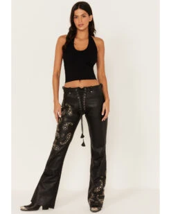Boot Barn X Understated Leather Women's Rhinestone Studded Lace-Up Flare Leather Pants 6 Boot Barn X Understated Leather Women's Rhinestone Studded Lace-Up Flare Leather Pants -Cowgirl Drape Sales 2000384215 001 P1