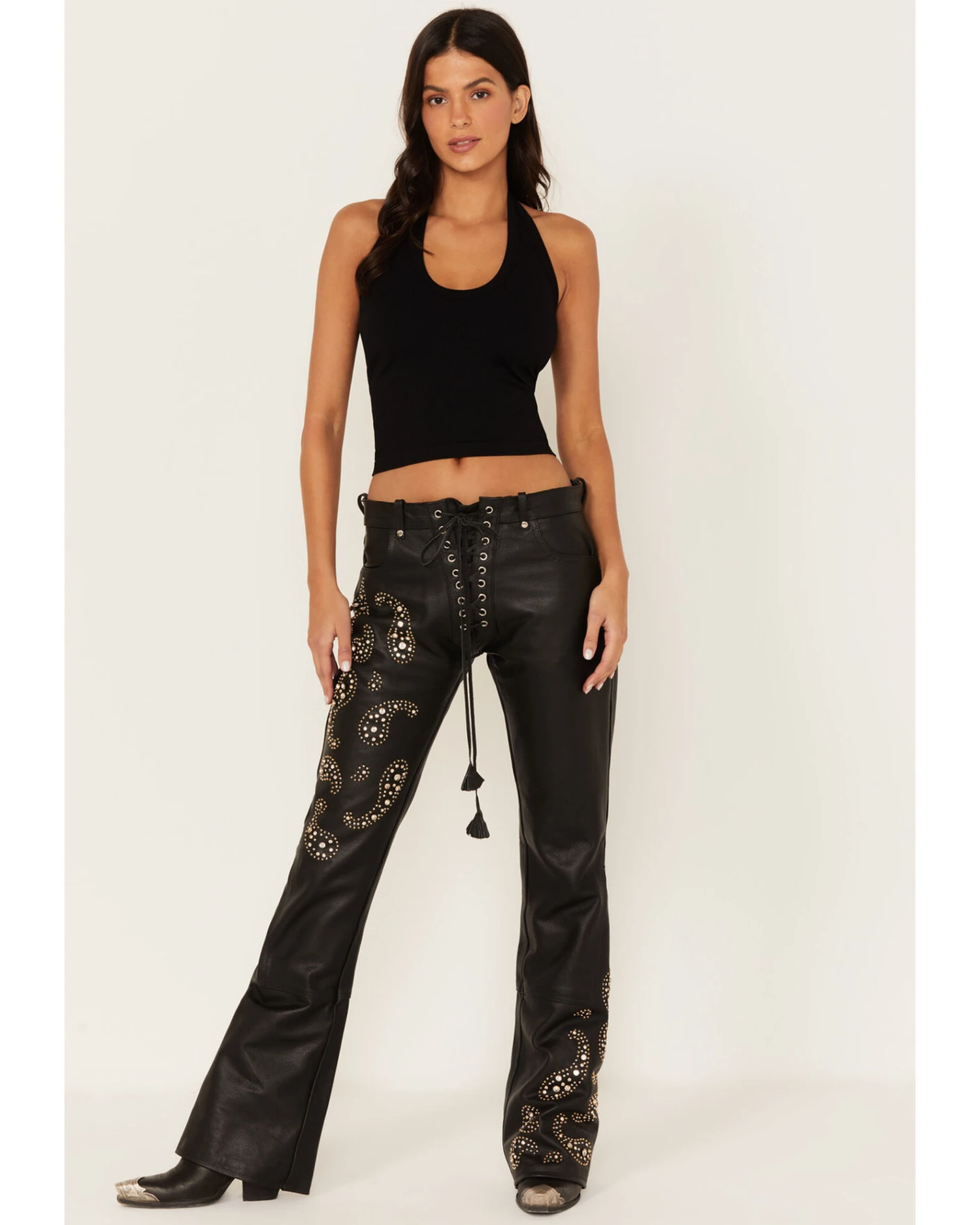 Boot Barn X Understated Leather Women's Rhinestone Studded Lace-Up Flare Leather Pants 3 Boot Barn X Understated Leather Women's Rhinestone Studded Lace-Up Flare Leather Pants - Image 3