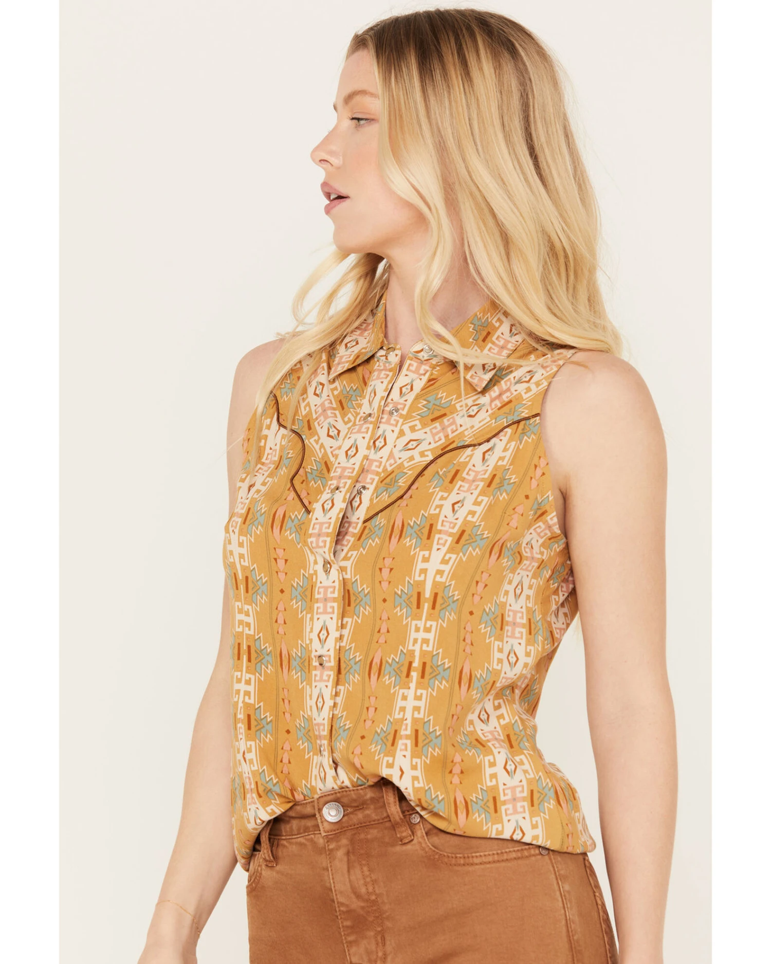 Rock & Roll Denim Women's Southwestern Print Sleeveless Snap Tank 1 Rock & Roll Denim Women's Southwestern Print Sleeveless Snap Tank