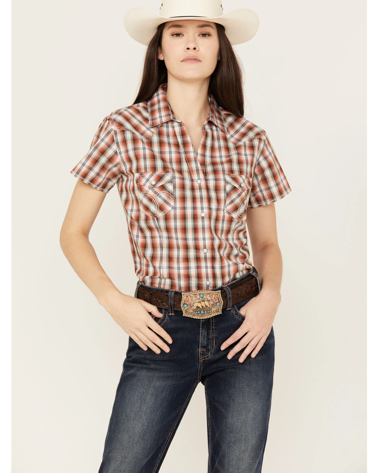 Rough Stock By Panhandle Women's Plaid Print Stretch Short Sleeve Western Snap Shirt 4 Rough Stock By Panhandle Women's Plaid Print Stretch Short Sleeve Western Snap Shirt - Image 4