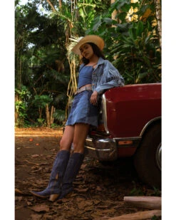 Rock & Roll Denim Medium Wash Patch Denim Skirt -Cowgirl Drape Sales 2000385068 400 P1