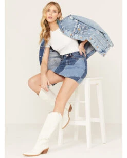 Rock & Roll Denim Medium Wash Patch Denim Skirt -Cowgirl Drape Sales 2000385068 400 P2