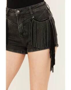 Rock & Roll Denim Women's Mid Rise Ex Stretch Studded Fringe Denim Shorts -Cowgirl Drape Sales 2000385102 002 P2