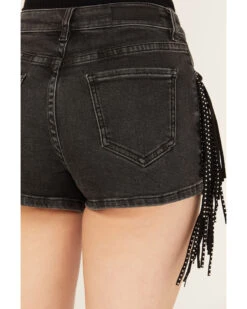 Rock & Roll Denim Women's Mid Rise Ex Stretch Studded Fringe Denim Shorts -Cowgirl Drape Sales 2000385102 002 P4