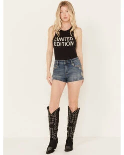 Idyllwind Women's Onslow Medium Wash Mid Rise Rebel Embellished Stretch Shorts -Cowgirl Drape Sales 2000386833 414 P1