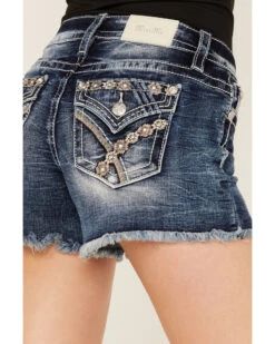 Miss Me Women's Medium Wash Mid Rise Floral Frayed Denim Shorts -Cowgirl Drape Sales 2000387019 414 P2