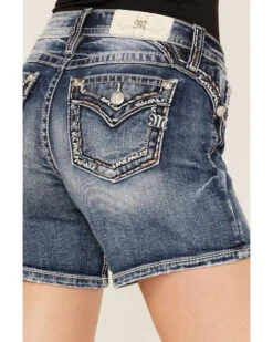 Miss Me Women's Dark Wash Mid Rise Border Cuffed Denim Shorts -Cowgirl Drape Sales 2000387025 416 P2