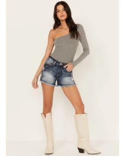 Miss Me Women's Dark Wash High Rise Star Paisley Patch Print Frayed Shorts -Cowgirl Drape Sales 2000388609 401 P1