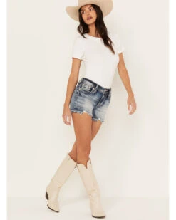 Miss Me Women's Medium Wash Mid Rise Leather Fleur De Lis Denim Shorts -Cowgirl Drape Sales 2000388610 414 P3