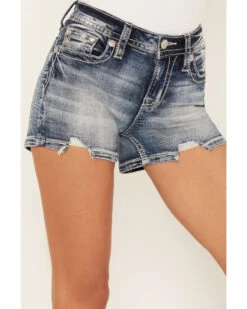 Miss Me Women's Medium Wash Mid Rise Leather Fleur De Lis Denim Shorts -Cowgirl Drape Sales 2000388610 414 P4