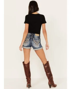 Miss Me Women's Dark Wash Mid Rise Wing Feather Double Roll Hem Shorts -Cowgirl Drape Sales 2000388618 401 P1