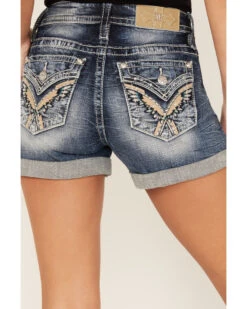 Miss Me Women's Dark Wash Mid Rise Wing Feather Double Roll Hem Shorts -Cowgirl Drape Sales 2000388618 401 P2