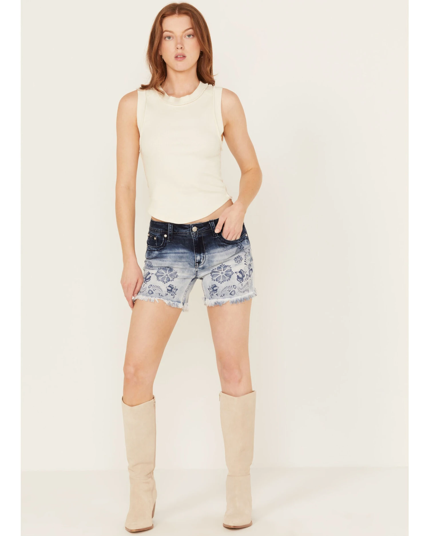 Grace In LA Women's Medium Wash Mid Rise Two Toned Floral Frayed Hem Denim Shorts 2 Grace In LA Women's Medium Wash Mid Rise Two Toned Floral Frayed Hem Denim Shorts - Image 2