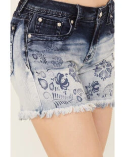 Grace In LA Women's Medium Wash Mid Rise Two Toned Floral Frayed Hem Denim Shorts 6 Grace In LA Women's Medium Wash Mid Rise Two Toned Floral Frayed Hem Denim Shorts -Cowgirl Drape Sales 2000388998 400 P2