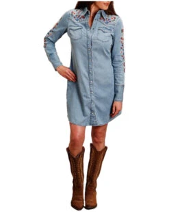 Stetson Women's Medium Wash Denim Embroidered Long Sleeve Shirt Dress 3 Stetson Women's Medium Wash Denim Embroidered Long Sleeve Shirt Dress -Cowgirl Drape Sales 2000390787 414 P2