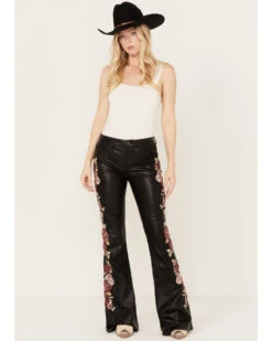 Driftwood Women's High Rise Vegan Leather Fallen Roses Flare Pants -Cowgirl Drape Sales 2000392197 001 P1