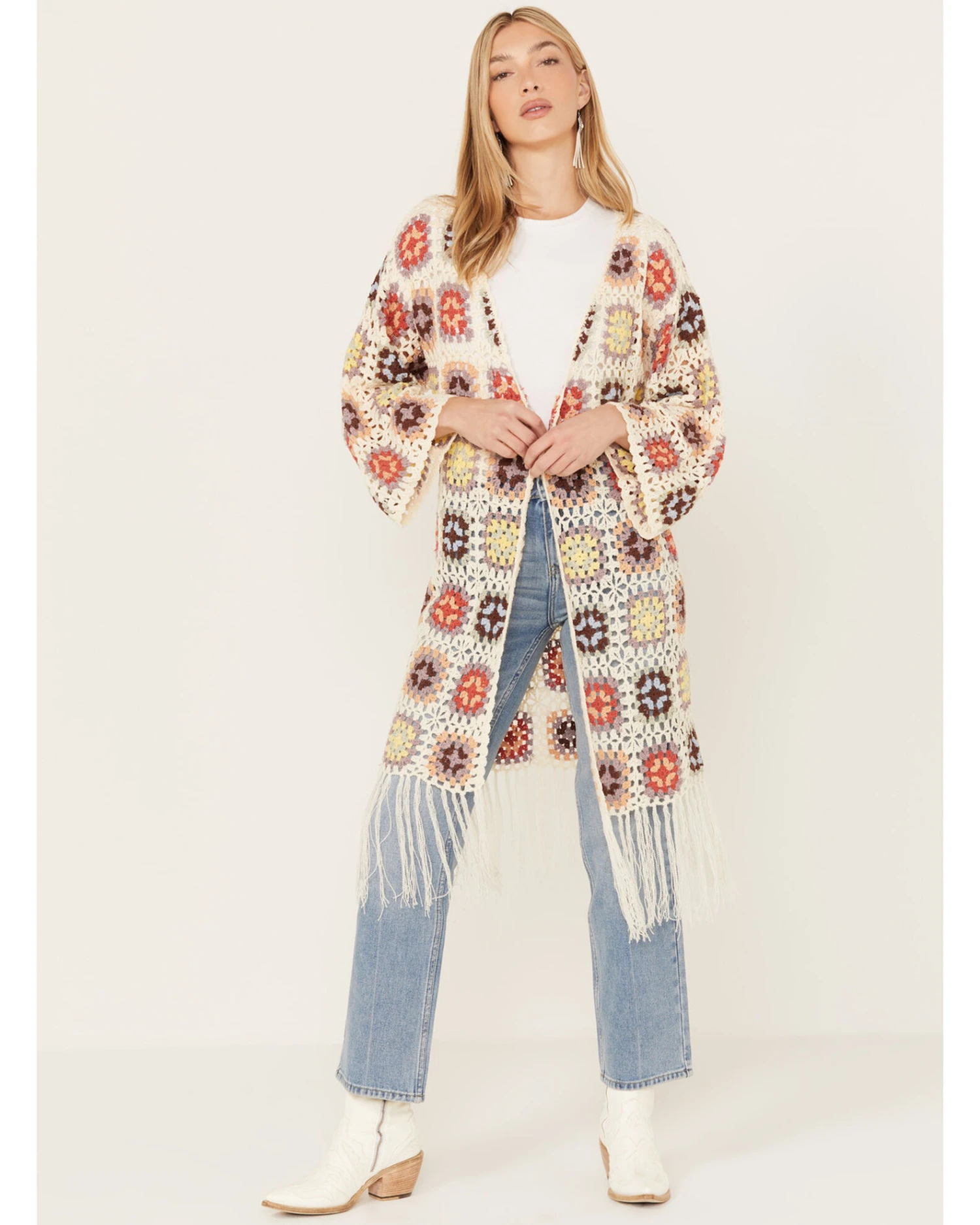 POL Women's Crochet Fringe Long Sleeve Kimono 4 POL Women's Crochet Fringe Long Sleeve Kimono - Image 4