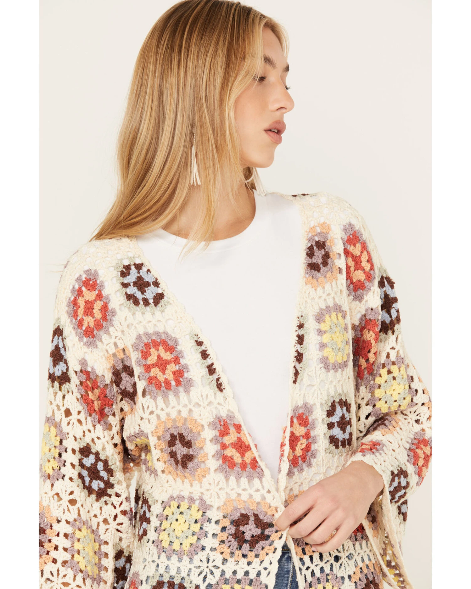 POL Women's Crochet Fringe Long Sleeve Kimono 1 POL Women's Crochet Fringe Long Sleeve Kimono