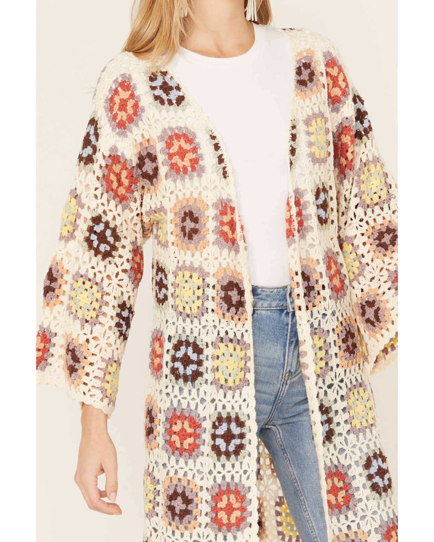 POL Women's Crochet Fringe Long Sleeve Kimono 3 POL Women's Crochet Fringe Long Sleeve Kimono - Image 3