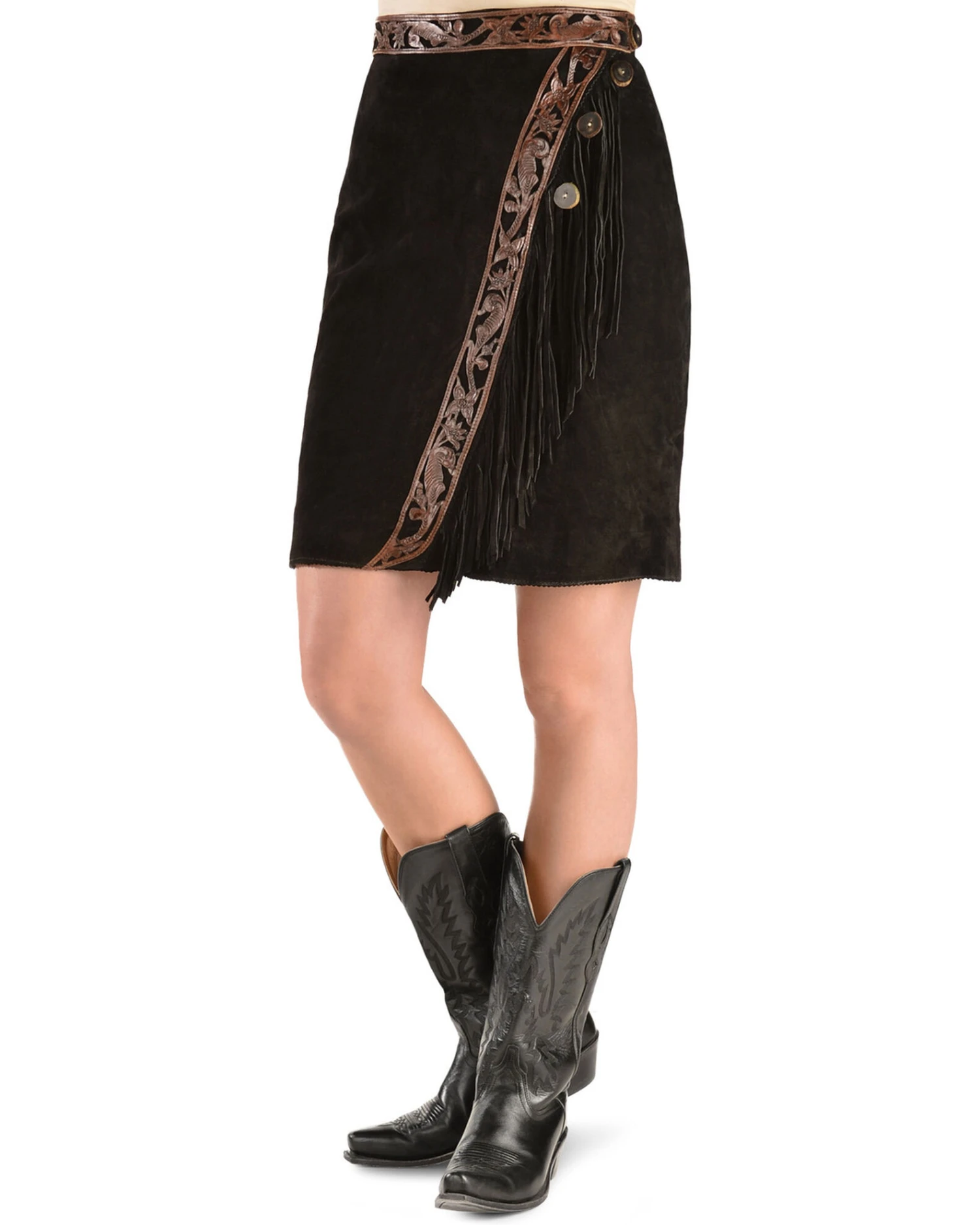 Kobler Leather Women's Tooled Leather & Fringe Sedona Suede Skirt 1 Kobler Leather Women's Tooled Leather & Fringe Sedona Suede Skirt